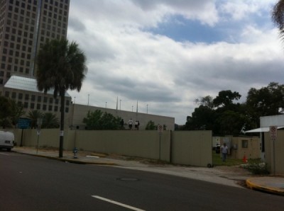 One of the several media staging areas being built in downtown Orlando