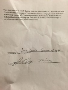 Document signed by Buffalo Wild Wings manager that Brian and Alex did not cater event.