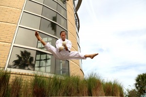 In front of the UCF Recreation and Wellness Center, Woodard practices his Flying Russian Kick, traditionally called 