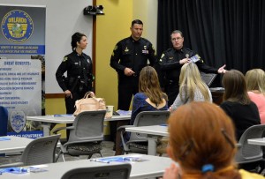 Corporal Mathew Fleury, Sergeant Frank Chisari and Officer Kate Beasley shared stories about their collective experience serving at the Orlando Police Department. The topics ranged from recruitment to pension plans. (Photo by Marissa Mahoney.)