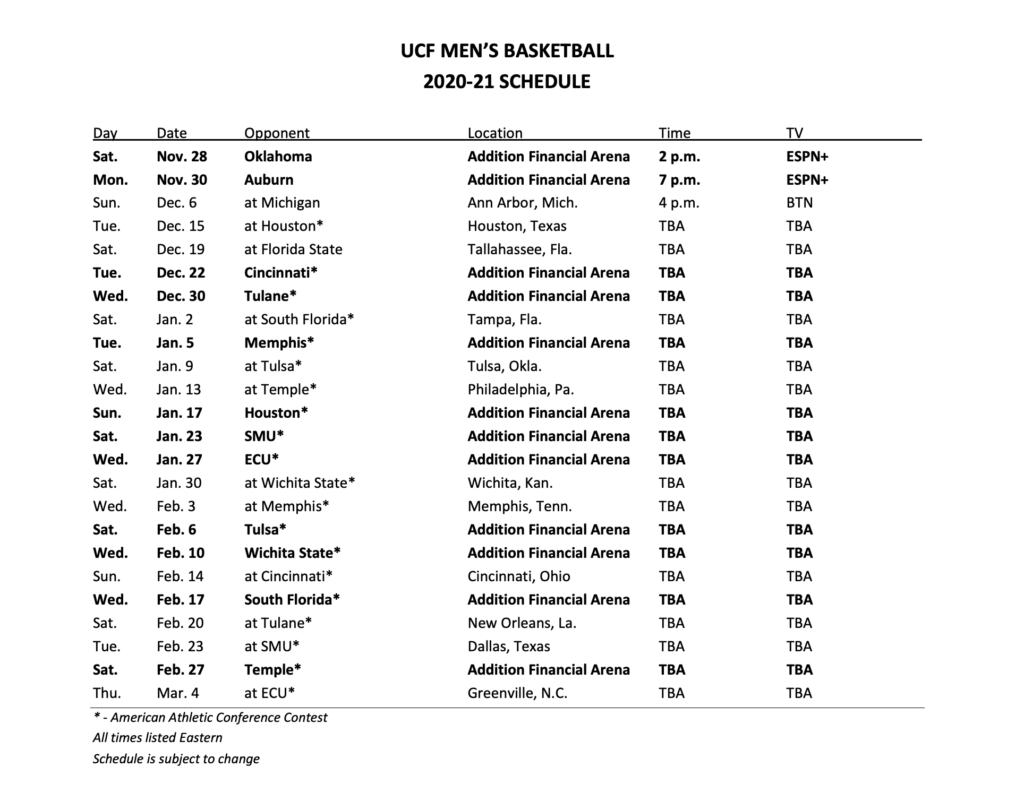 UCF men's basketball schedule released; 2,500 spectators allowed