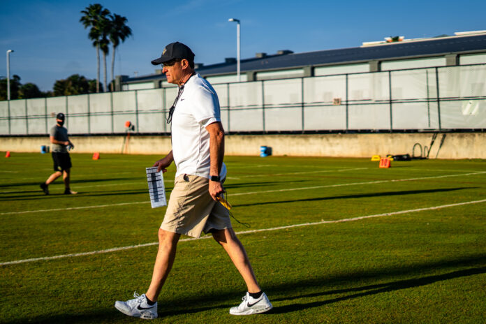 UCF head coach Gus Malzahn during the team's first practice this spring on March 15, 2021. Photo courtesy of UCF Athletics.