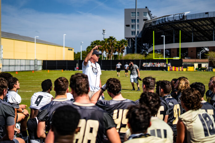 UCF head coach Gus Malzahn leads the team during the first spring practice on March 15, 2021. Photo courtesy of UCF Athletics.