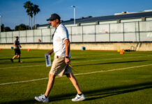 UCF head coach Gus Malzahn during the team's first practice this spring on March 15, 2021. Photo courtesy of UCF Athletics.