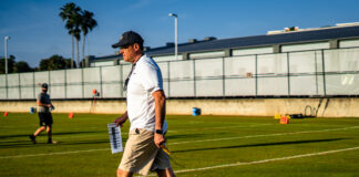 UCF head coach Gus Malzahn during the team's first practice this spring on March 15, 2021. Photo courtesy of UCF Athletics.