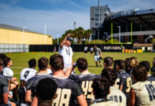 UCF head coach Gus Malzahn leads the team during the first spring practice on March 15, 2021. Photo courtesy of UCF Athletics.