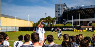 UCF head coach Gus Malzahn leads the team during the first spring practice on March 15, 2021. Photo courtesy of UCF Athletics.