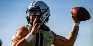 UCF sophomore quarterback Dillon Gabriel (11) throws the ball during the team's first practice this spring on March 15, 2021. Photo courtesy of UCF Athletics.